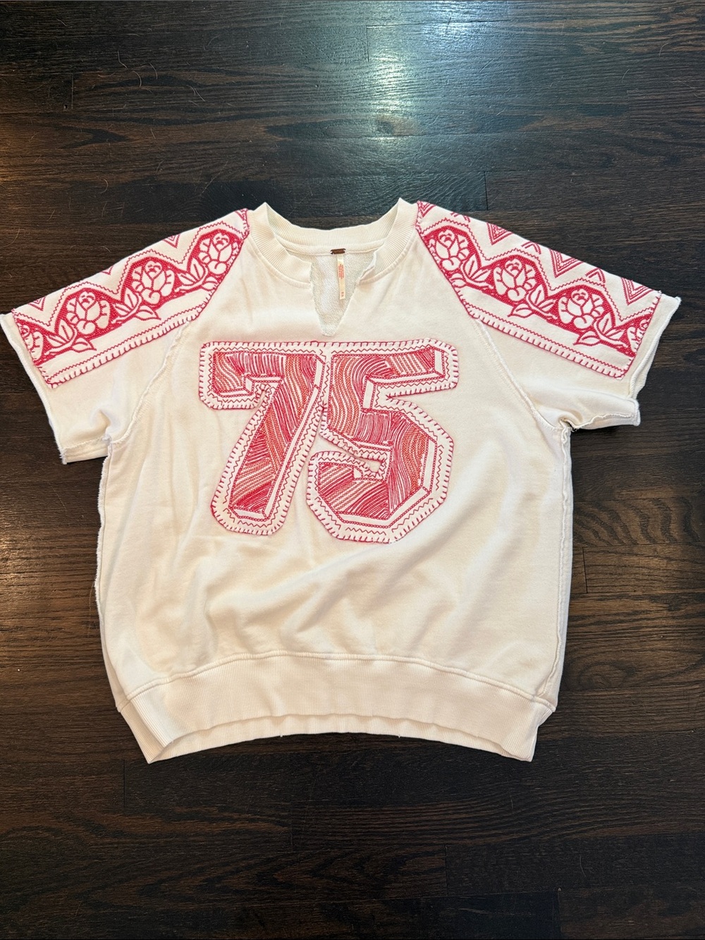 Free People Cream Short-Sleeve Sweatshirt with Pink '75' Applique